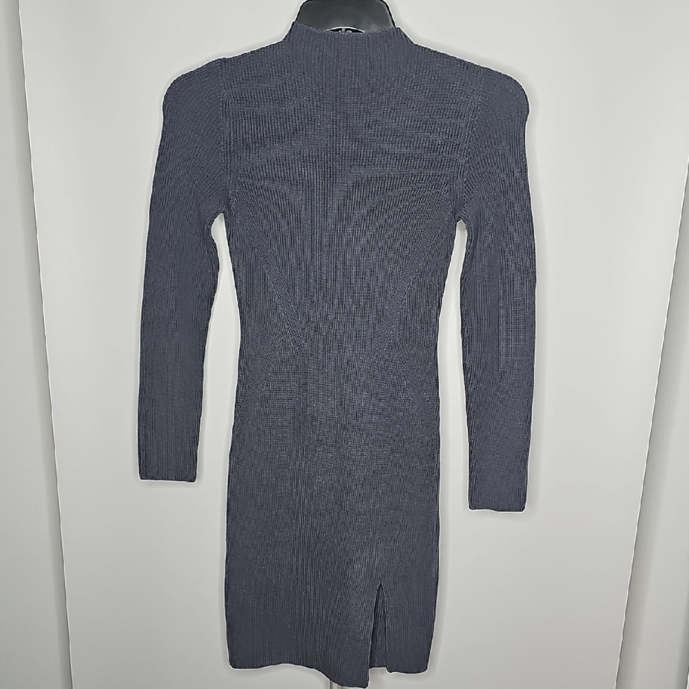 Gray Ribbed Mock Neck Puff Sleeve Dress